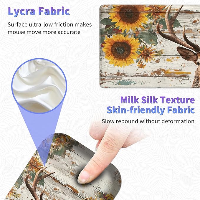Large Mouse Pad Set, Desk Mat + Elbow Rest Pad + Coaster, Easy Typing Pain Relief, Ergonomic Arm Rest Pad with Memory Foam, Extended Desk Pad Anti-Slip Rubber Base for Office Home, Wood Sunflower Deer