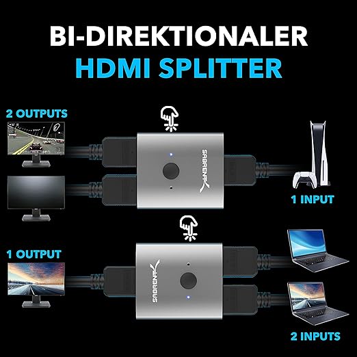SABRENT HDMI Switch, 4K@60Hz HDMI Switcher, Splitter 2 in 1 Out, Supports HDR, 3D, Dolby, Compatible with Laptops, PC, Xbox Series, PS5 / PS4, Projector, and More (DA-HSW2)