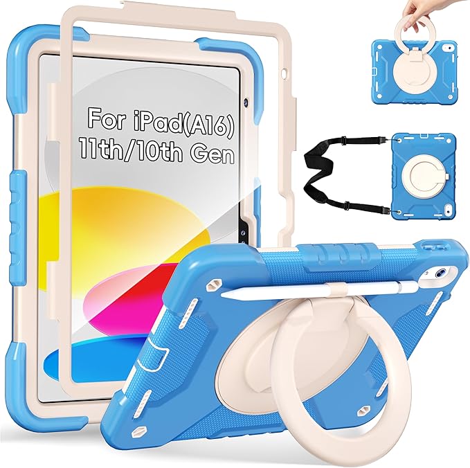 Andnary Case for iPad (A16) 11th Generation 11 inch 2025/10th Generation 10.9 inch 2022, Shockproof Cover with Screen Protector/360° Rotate Handle/Bracket/Pen Holder/Shoulder Strap (Blue+White)