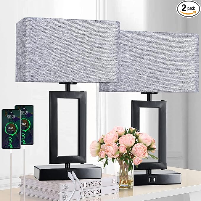 Touch Control Bedside Lamps for Bedrooms Set of 2 Table Lamps for Nightstand with Dual USB Ports, 3-Way Dimmable Modern Desk Lamps for End Table Living Room Office Home Study Room, Grey&Black