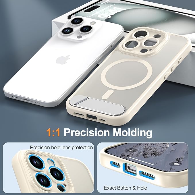 Magnetic Compatible with iPhone 15 Pro Case, [Built-in Kickstand][Full Camera Protection][Compatible with MagSafe][Anti-Fingerprint] Shockproof Phone Case for iPhone 15 Pro 6.1",Beige