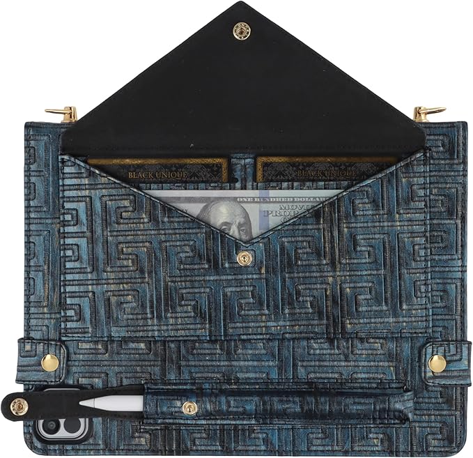 Handbag Case for iPad Pro 11" 2018-2022, iPad Air 11" 10.9" - Techcircle Vintage Maze Pattern Crossbody Folio Stand Case with Pencil/Card Holder, Hand Grip/Shoulder Strap, Retro Navy