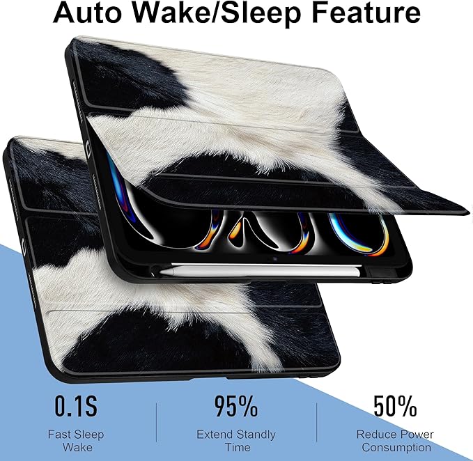 TWOLSKOO Case for iPad Pro 11-inch (M5 2025 / M4 2024), Clear Acrylic Back with TPU Bumper, Pencil Holder, Trifold Stand, Auto Sleep/Wake, Cow Print