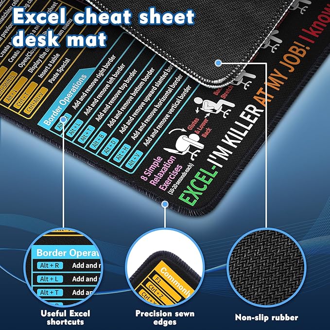 Excel Cheat Sheet Desk Pad - Excel Cheat Sheet Desk Mat - Mouse Pads, Non-Slip Base Portable Mousepad Suitable Ideal for Office, Gaming, etc (1, 11.8" x 9.84")