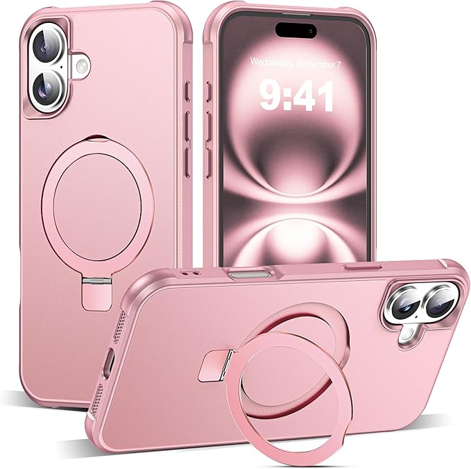 SKYLMW Compatible with iPhone 16 Plus Case with Invisible Magnetic O-Ring Stand Military-Grade Case for iPhone 16 Plus 6.7" [Compatible with Mag-Safe][Great Grip Feeling], Rose Gold
