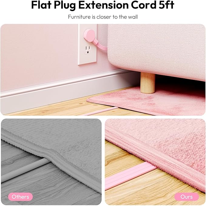 NTONPOWER Pink Extension Cord 5ft, Cute Power Strip with 3 AC Outlets & 2 USB C & 2 USB A, Flat Extension Cord, Wall Mount, Flat Plug Power Strip for Home, Dorm, Vanity Desk, Women Essential