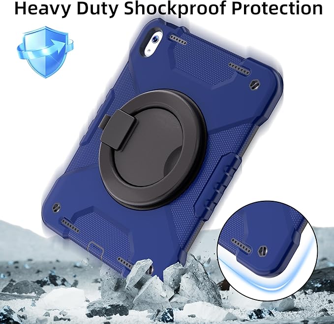 Andnary Case for iPad (A16) 11th Generation 11 inch 2025/10th Generation 10.9 inch 2022, Shockproof Cover with Screen Protector/360° Rotate Handle/Bracket/Pen Holder/Shoulder Strap (Navy+Black)