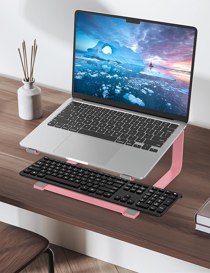 SOUNDANCE Laptop Stand for Desk, Ergonomic Metal Computer Riser for 12-17.3 Inch Laptops, Heavy Duty Stable Desktop Holder, Improves Eye Level & Workspace Organization, Pink