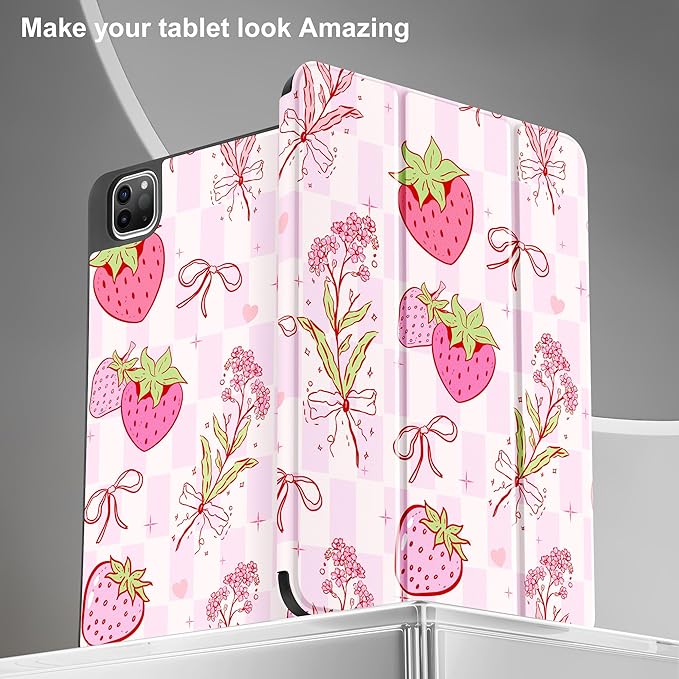 May Chen Case for iPad Pro 11 inch (4th, 3rd, 2nd & 1st Gen) 2022 2021 2020 2018,Trifold Stand with Auto Wake/Sleep Soft TPU Protective Stand Back Cover, Strawberry Bow