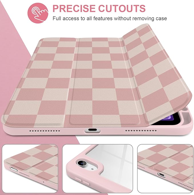 Case for iPad Air 13 inch 2026 M4 2025 M3 2024 M2 Release with Pencil Holder - Aesthetic Cute Preppy Design Trifold Cover with Soft TPU Bumper Clear Back Auto Sleep for Girls Women, Lattice