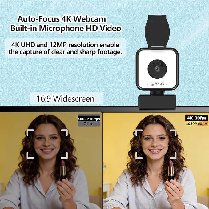 4K USB Webcam with Dual Microphones, 9X Hybrid Zoom, Auto Light Correction, 86° Wide Angle for Video Conferencing, Live Streaming, Remote Work, Compatible with PC Desktop Laptop