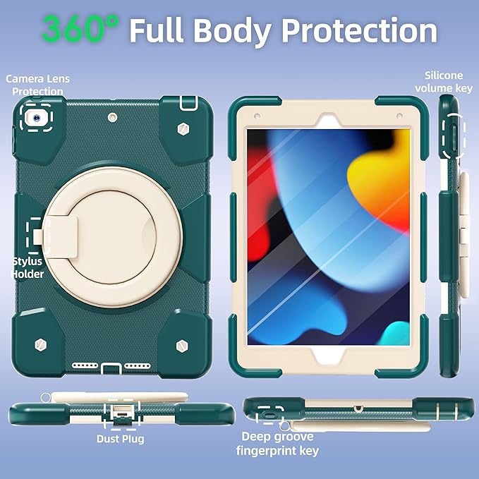 Andnary Case for iPad 9th/8th/7th Generation 10.2 inch, Shockproof Cover with Screen Protector/360° Rotate Stand/Pencil Holder/Shoulder Strap, Kids Case for iPad 2021/2020/2019 (Dark Green+White)