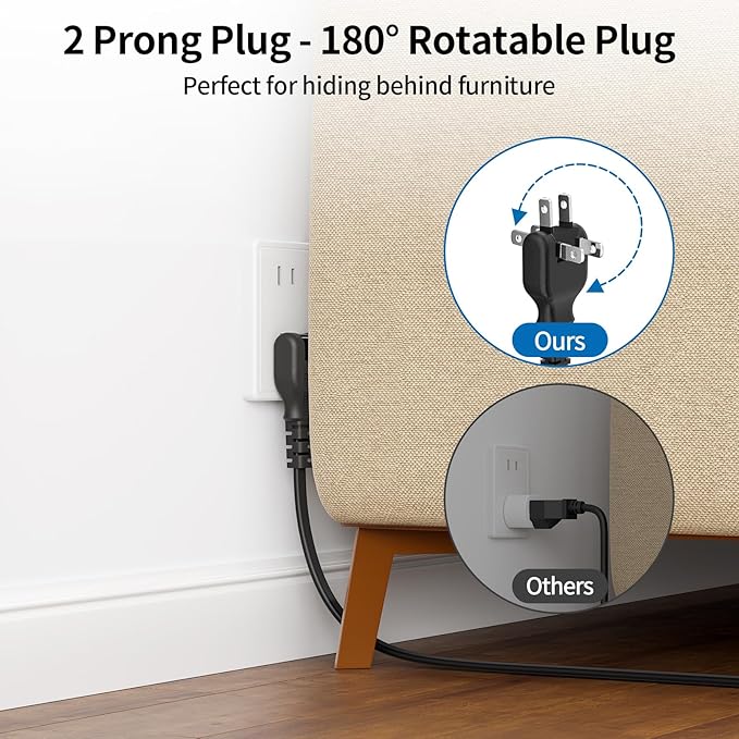 NTONPOWER 2 Prong Power Strip, 1875W 2 Prong to 3 Prong Outlet Adapter, 2 Prong Extension Cord 5 ft, Rotating Plug, Wall Mount, 3 Outlet 2 USB A+2 USB C, Two Power Strip for Travel, Older House, Dorm