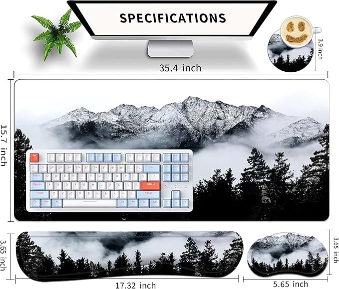 Large Gaming Mouse Pad Set 35.4 x 15.7 with Keyboard Wrist Rest, Wrist Support, and Coaster Memory Foam Smooth Desk Pad Mousepad for Home Office School - Mountain Forest