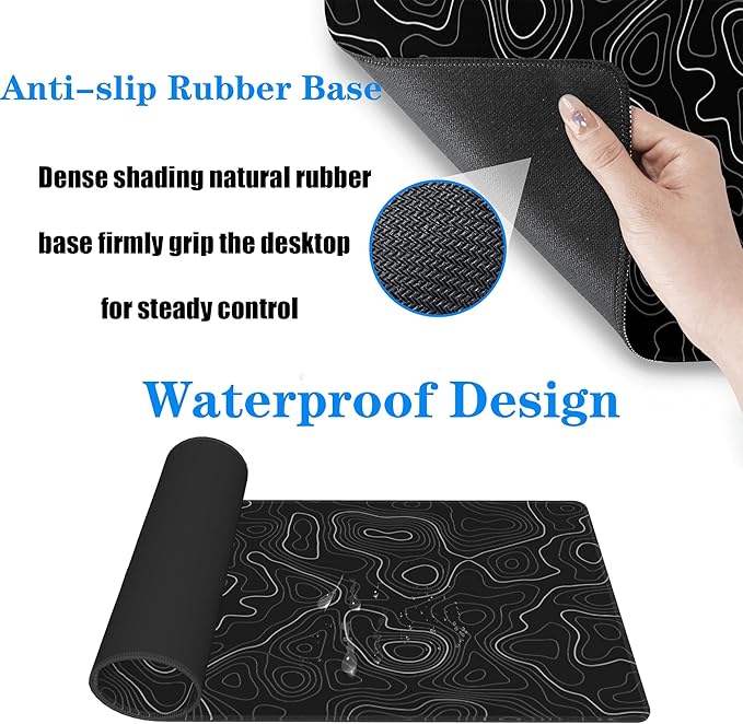 Topographic Gaming Mouse Pad Large Desk Mat,Black Mouse Pad Gaming Desk Pad,31.5 x 11.8 Keyboard Pad Minimalist Mouse Pads for Desk,Extended Mouse Mat Mousepad with Non-Slip Base and Stitched Edge