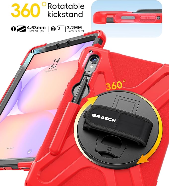 BRAECN Case for Samsung Galaxy Tab S10 Lite/S10 FE/S9 FE 5G 10.9"& S9/S8/S7 11",Heavy Duty Shockproof Silicone Cover with 360 Rotating Stand &Hand Strap, Kickstand, Shoulder Strap, S Pen Holder