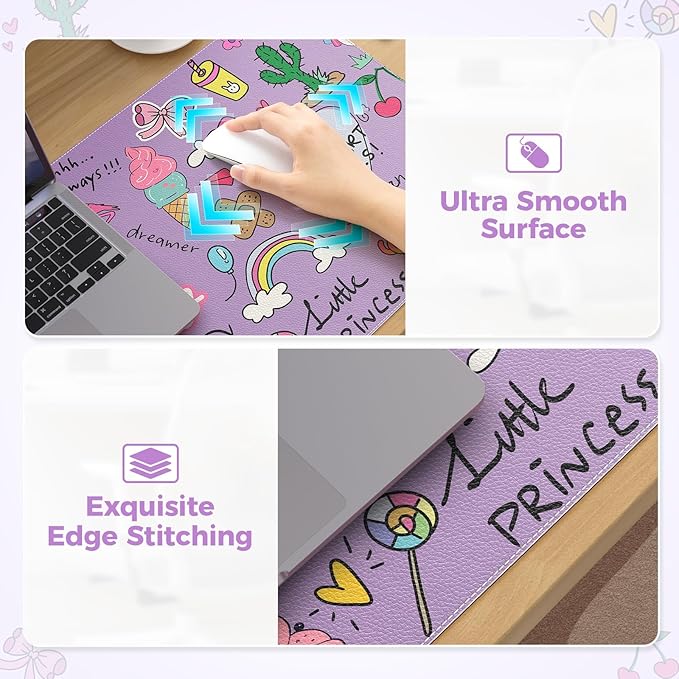 HAOCOO Purple Large Mouse Pad, Cute Leather Desk Matt for Women, Kawaii Desk Decor for Kids, Anti-Slip Rubber Mouse Pad for Girls, Computer Mat for Home Office Accessories