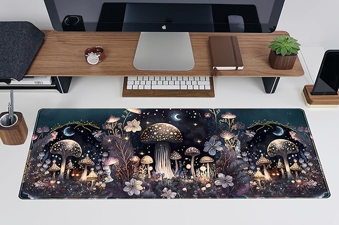 Teng DA Qing Cute Dark Mushroom Moon Night Mouse Pad XL Extended Gaming Mat with Stitched Edges, Computer Laptop Keyboard and Mouse Mat for Women Office Desk Decor, 31.5x11.8 in