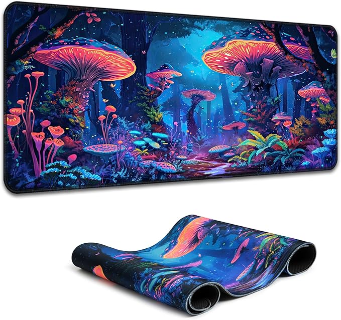 Simpkeely Fantasy Mushroom Mouse Pad, Blacklight Gaming Forest Waterproof Extended Large Desk Pad UV Long Computer Keyboard Big Mouse Mat with 3mm Non-Slip Rubber Base for Office Home - 31.5" x 11.8"