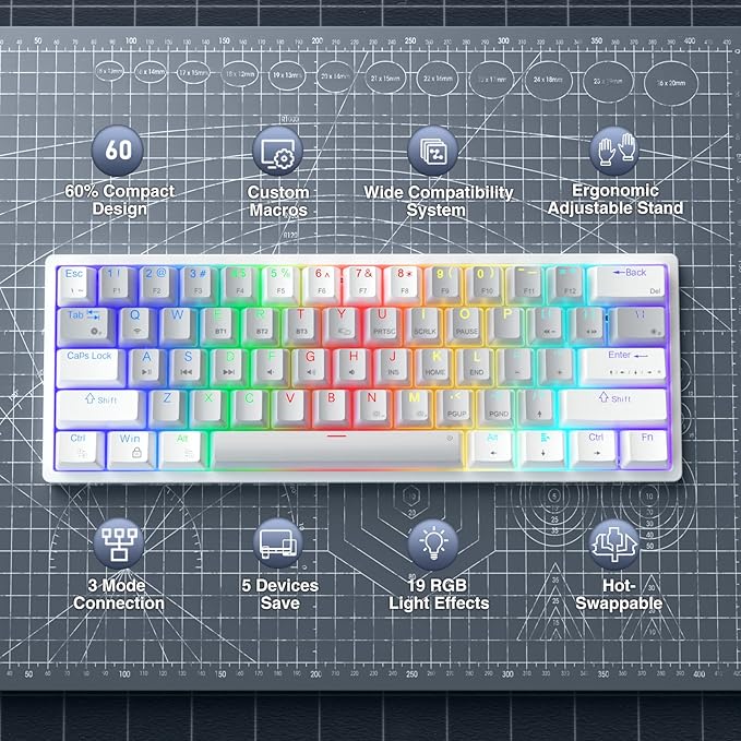 SK961 60% Wireless Gaming Keyboard with Triple Mode BT5.0/2.4GHz/USB-C Wired,RGB Backlight 61 Keys Wireless 60% Keyboard Hot Swappable Mechanical Keyboard,Red Switch