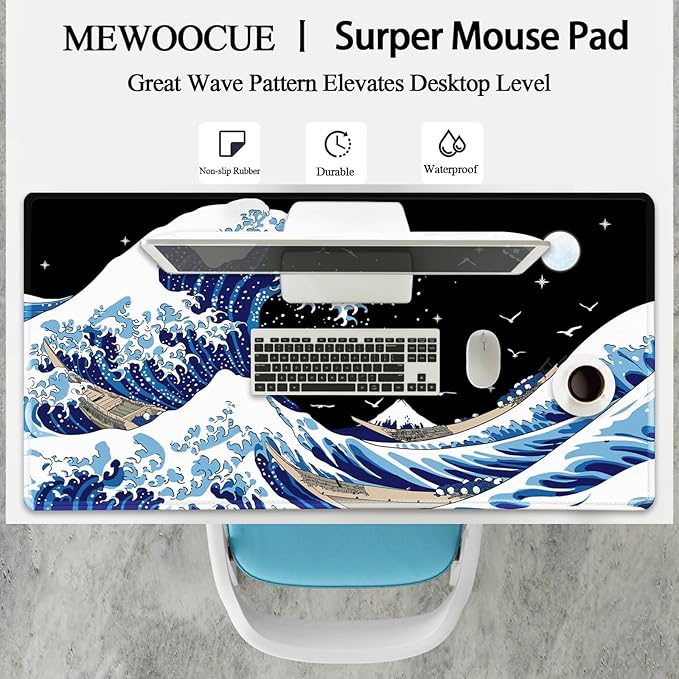 Gaming Laptop Mouse Pad,Sea Wave Big Mice Pads PC Keyboard Waterproof and Non-Slip 47.2" x 23.6" 0.15" Thick XL,XXL Rubber Table Mat, Kanagawa Surfing and Black Japanese Mouse Pads
