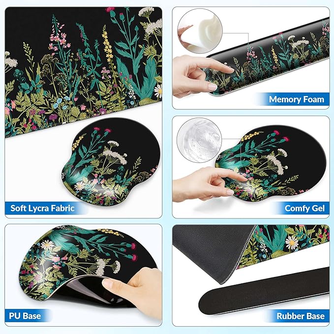 Desk Mat Set + Keyboard and Mouse Pad with Wrist Rest Support,4-in-1 Large Mousepad Computer Mats for Desktop Home & Office-Floral Flowers
