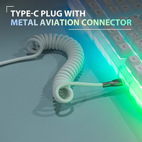 EPOMAKER Mix 1.8m Coiled Keyboard Cable, USB C to USB A TPU Cable for Mechanical Gaming Keyboard, with Detachable Metal Aviator for Custom Keyboard, White