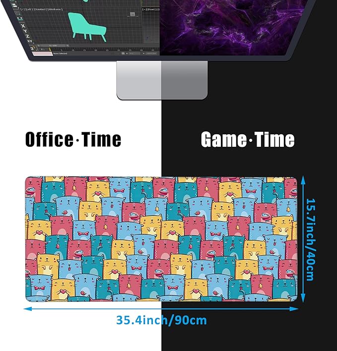 Kawaii Colorful Cats Desk Mat,Large Gaming Mouse Pad,Non-Slip Rubber Base Desk Pad with Stitched Edges for Desk Office Home Decor 35.4X15.7 Inch