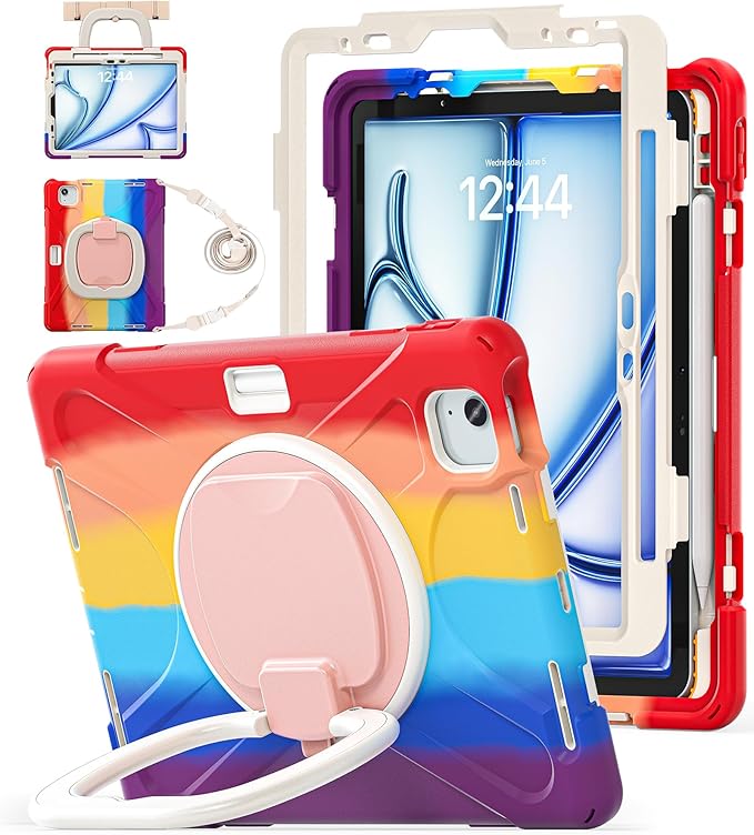 BATYUE Case for Air 11-inch M4 (2026)/M3 (2025)/M2 (2024), iPad Air 5th/4th 10.9 inch(2022/2020), iPad Pro 11" 4th/3rd/2nd/1st, Kids Cover with 360° Rotating Stand, Pencil Holder, Carrying Strap, Red