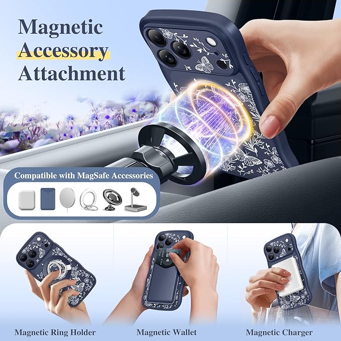 GVIEWIN for iPhone 17 Pro Case Compatible with MagSafe [Curly Wave Edge][Full Camera Protection] Floral Translucent Shockproof Magnetic Women Phone Case for iPhone 17 Pro 6.3'', Tuberose/Blue