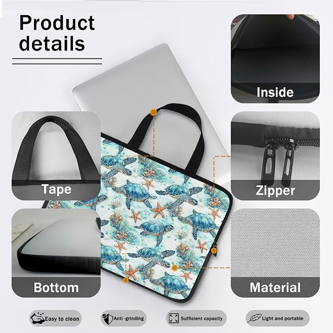 12 Inch Sea Turtle Starfish Laptop Sleeve, Lightweight Laptop Cover Computer Bag Tablet Carrying Case with Handle, Waterproof Tote Bags Notebook Case Handbag Briefcase for Men Women