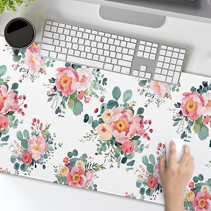 Kawani Pink Floral Gaming Mouse Pad & Keyboard Mat, XXL Large (31.5x11.8 Inch), Waterproof, Non-Slip, Soft, Fabric & Rubber