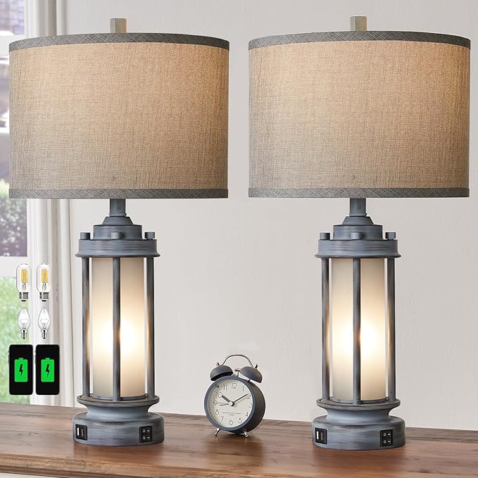 AIEAMPDO Set of 2 Rustic Table Lamps for Living Room, Farmhouse Vintage Nightstand Lamp with 2 USB Ports, Antique Retro Light Green Glass Night Light for Bedroom Entryway, 4 Bulbs Included