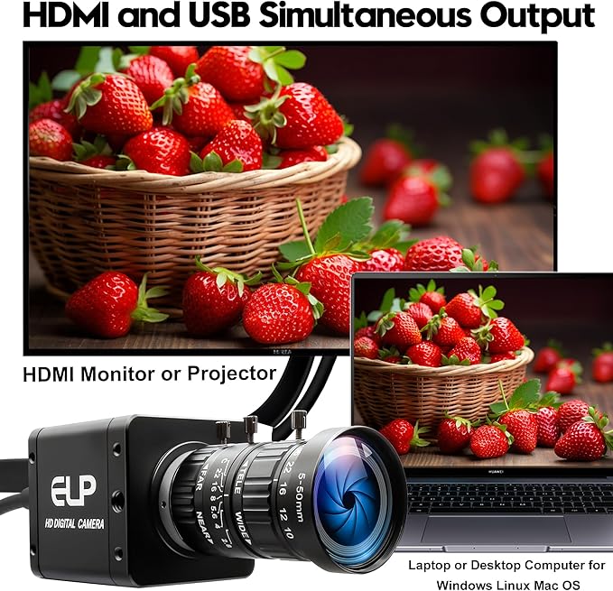4K HDMI USB3.0 Simultaneous Output Camera H.264 High Speed 60fps Low Illumination Color Lightburn Webcam, 5-50mm 10X Zoom Manual Lens Plug & Play for Windows Linux Android Live Streaming