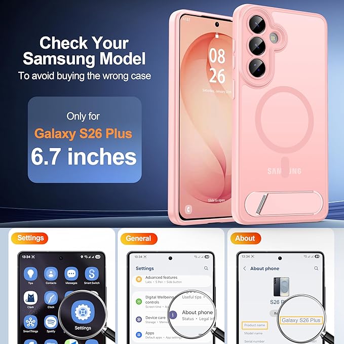 Magnetic for Samsung Galaxy S26+ Plus Case, [Compatible with MagSafe][Full Camera Protection][Built-in Invisible Kickstand] Translucent Matte Phone Case for S26 Plus 6.7" - Pink