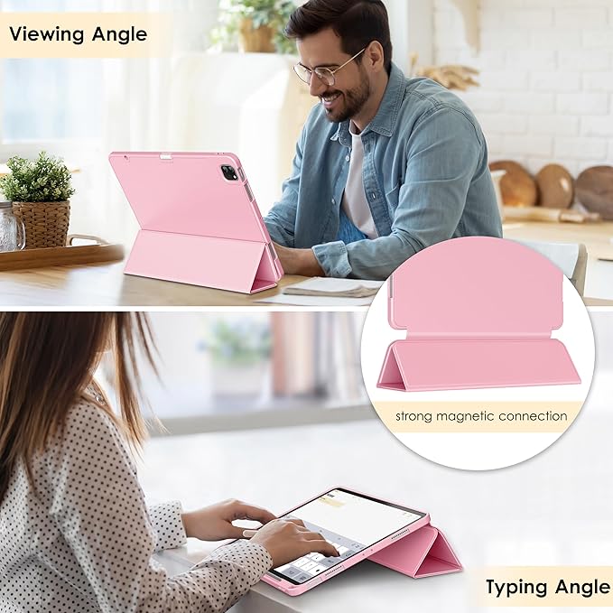 DTTO for iPad Air 13 Inch Case M4/M3/M2 2026/2025/2024, iPad Pro 12.9 Inch Case (6th/5th/4th/3rd Gen), Smart Slim Trifold Stand Soft Cover with Pencil Holder, Pink