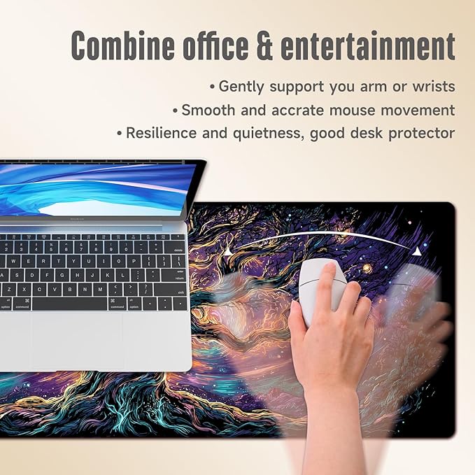 Extended Gaming Mouse Pad, Large Mouse Mat 3 mm Nature Rubber Base Mousepad with Stitched Edges, Non-Slip Desk Mat for Office Home Great Gift 31.5x11.8 Inch (Elven Forest 1)