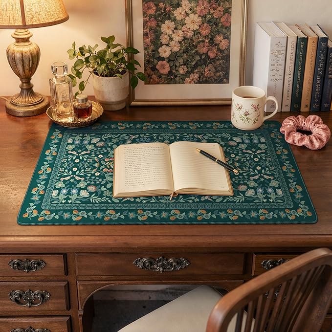 iCasso Green Aesthetic Flower Mouse pad for Laptop, Vintage Desk Matt for Desktop 13.7"x23.6", Anti-Slip Mousepad with Stitched Edges for Laptop Computer Keyboard(Deep Green)