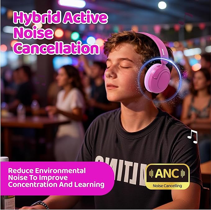 MIDOLA Kids Bluetooth Headphones Active Noise Cancelling Lightweight Wireless Headphone for Kid Volume Limited 85/94dB Foldable Over-Ear Headset with Mic,68 Hours Playtime,for Toddler Child Rose Pink