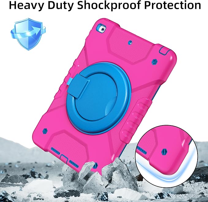 Andnary Case for iPad 9th/8th/7th Generation 10.2 inch, Shockproof Cover with Screen Protector/360° Rotating Handle/Bracket/Pen Holder/Shoulder Strap, Kids Case for iPad 2021/2020/2019 (Pink+Blue)