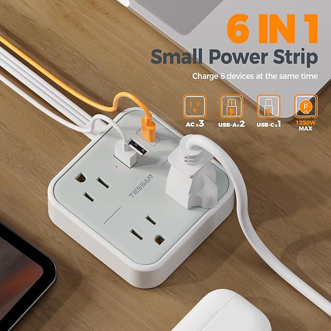 TESSAN Ultra Thin Flat Extension Cord 3 FT, Slim Power Strip with USB Ports (1 USB C), Surge Protector Flat Plug Wall Charger with 3 Outlets for Office, School, Dorm Room Essentials, Grey