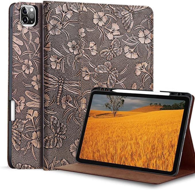 Gexmil Genuine Leather Case for iPad Pro 11 Inch (M5/M4) 2025/2024 with Pencil Holder,Protective Shockproof Leather Smart Folio Cover Adjustable Stand Auto Sleep/Wake Anti-Slip, Butterfly Grey