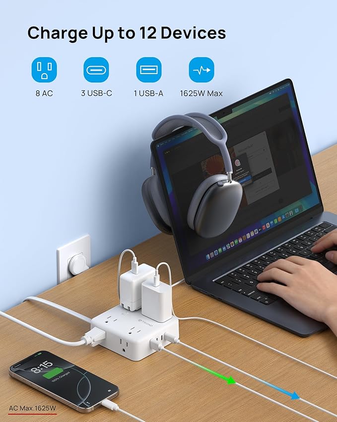 TROND Surge Protector Power Strip, 10FT Flat Plug Extension Cord with 8 Outlets & 4 USB Ports (3 USB C), 1625W, Wall Mount Outlet Extender for Home Office Dorm Room Essentials, White