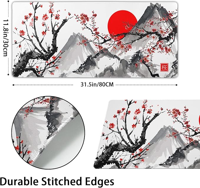 Extended Gaming Mouse Pad XL，White Japanese Cherry Blossom Large Mouse Mat Desk Pad, Extended Stitched Non-Slip Rubber Edges Mousepad 31.5 X 11.8 Inch