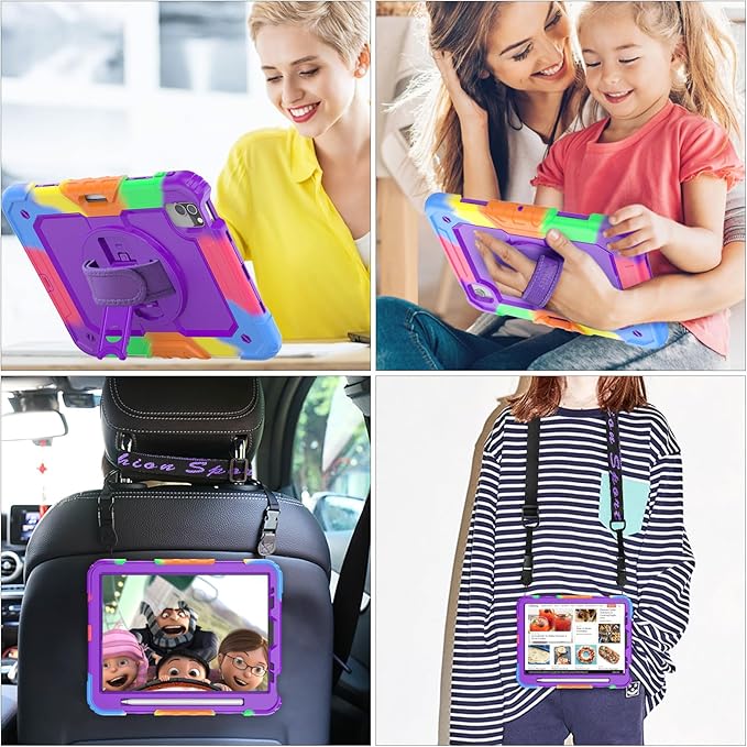 SEYMAC stock Case for iPad Mini 7 (A17 Pro)2024/ Mini 6 8.3'' with Screen Protector Pencil Holder [360 Rotating Hand Strap] &Stand, Drop-Proof Case for iPad Mini 7th/6th Generation 8.3"Purple+Colorful