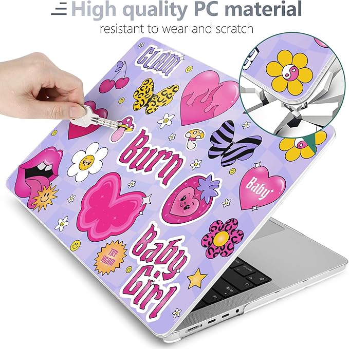 Batianda Case for New MacBook Pro 14 Inch M5 (2025 2026) & 2024 2023 Release [Model A3434 / A3112] - Ultra Slim 1.2mm Glossy Hard Shell Protective Skin Keyboard Cover 4-in-1 Bundle, Y2K Pink Collage