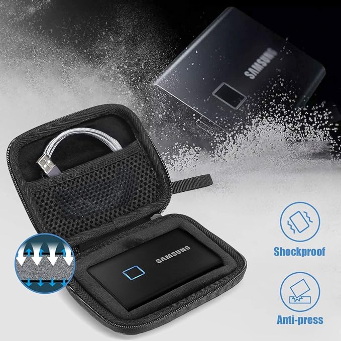 ProCase Hard Carrying Case Compatible for Samsung T7/ T7 Touch Portable SSD with 2 Cable Ties, Shockproof Travel Organizer for 500GB 1TB 2TB USB 3.2 External Solid State Drives -Black