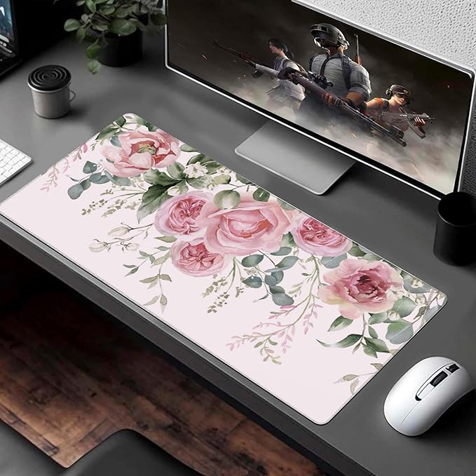 XXL Mouse Pad, Pink Peony Flowers Eucalyptus Green Leaves Large Desk Mat for Desktop, Extended Large Gaming Mouse Pad Mouse Mat with Non-Slip Rubber Base Stitched Edges for Home Office 35.4"X15.7"