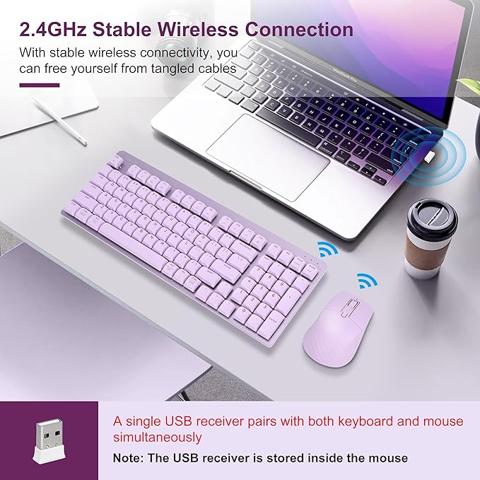 LeadsaiL Wireless Keyboard and Mouse Combo, 2.4Ghz Cordless Mechanical Keyboard and Silent Mouse for Business, Low-Profile Red Switch, 98-Key Compact Slim Keyboard for Windows/MacOS PC Laptop- Purple