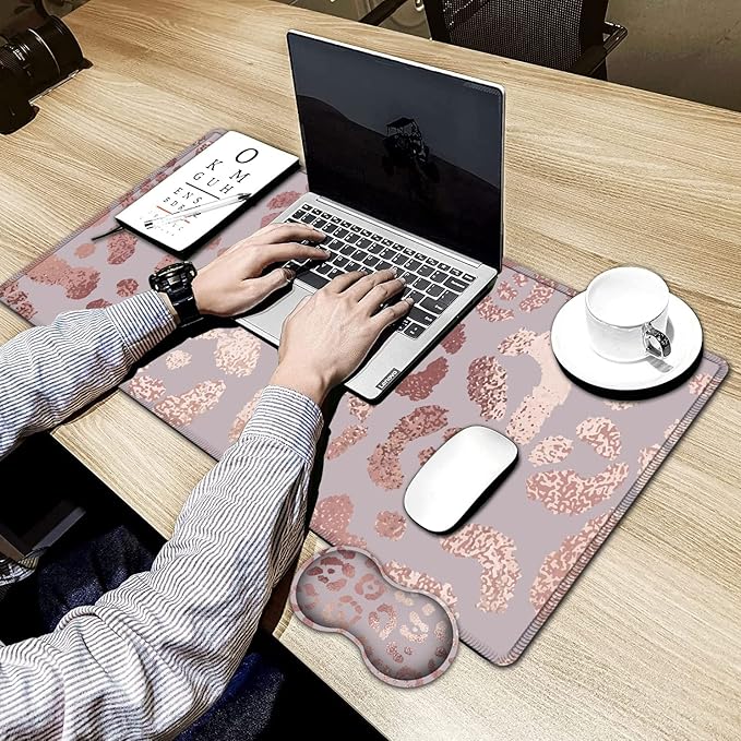 Large Gaming Mouse Pad, 31.5x11.8 in Extended Computer Mouse Mat with Non-Slip PU Base, Ergonomic Memory Foam Keyboard Wrist Rest, for Work & Gaming, Office Desk Pad Rose Gold Leopard Pink